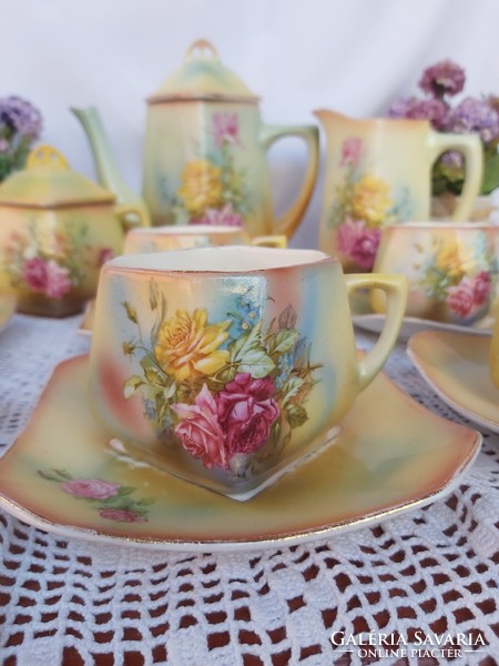 Extra ritka fajansz rózsás virágos teáskészlet Gyönyörű Gyűjtői darab teáskanna csésze cukortartó