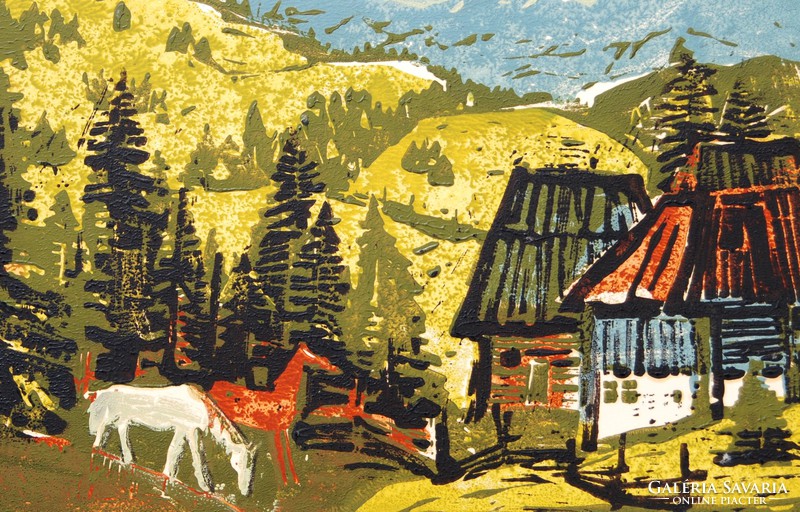 András Rác (1926-2013): between mountains - colored linoleum engraving