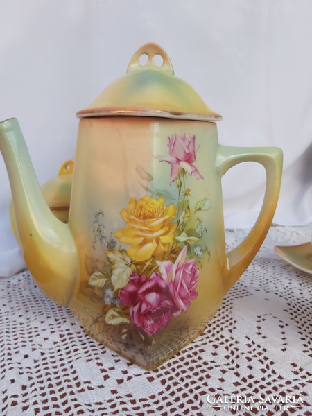 Extra rare faience rosy floral tea set with beautiful collectible pieces in teapot cup sugar bowl