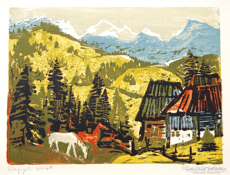 András Rác (1926-2013): between mountains - colored linoleum engraving
