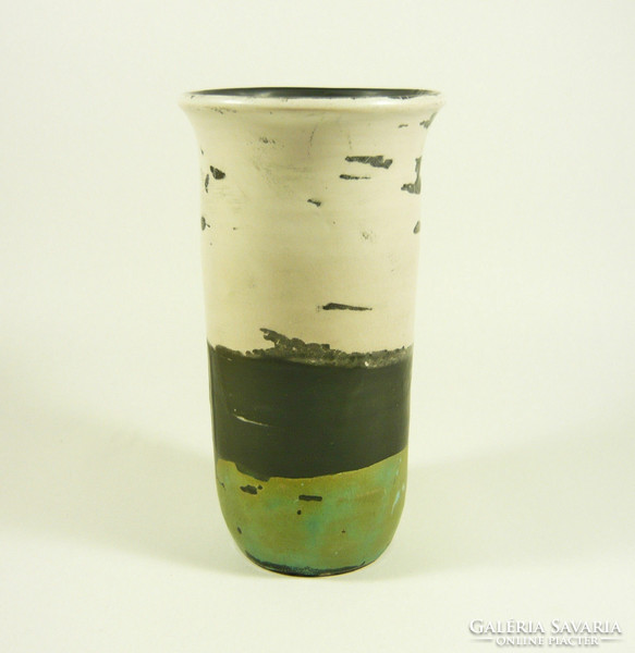 Gorka lívia, retro 1950 white, black & green 17 cm artistic ceramic vase, flawless! (G108)