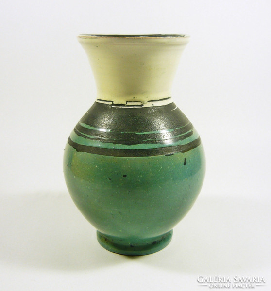 Gorka lívia, retro 1950 white & green 17 cm artistic ceramic vase, flawless! (G104)