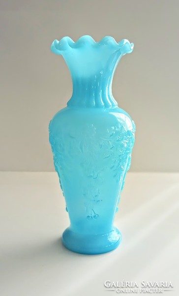 Francia türkizkék opál üveg váza 21cm