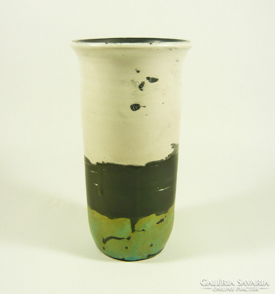 Gorka lívia, retro 1950 white, black & green 17 cm artistic ceramic vase, flawless! (G108)