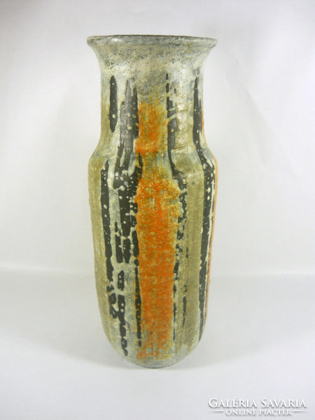 Gorka lívia, retro 1960 black & orange striped 29.5 Cm artistic ceramic vase, flawless! (G103)
