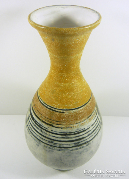 Gorka lívia, retro 1960 black striped beige & white 33 cm artistic ceramic vase, flawless! (G076)