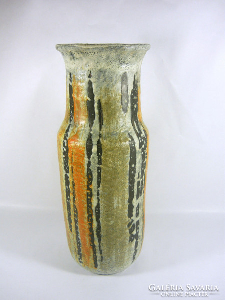 Gorka lívia, retro 1960 black & orange striped 29.5 Cm artistic ceramic vase, flawless! (G103)