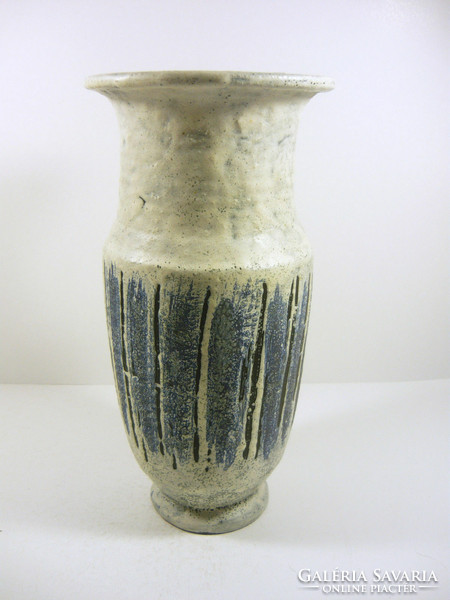 Gorka lívia, retro 1960 blue & black striped white 27.7 Cm artistic ceramic vase, flawless! (G131)