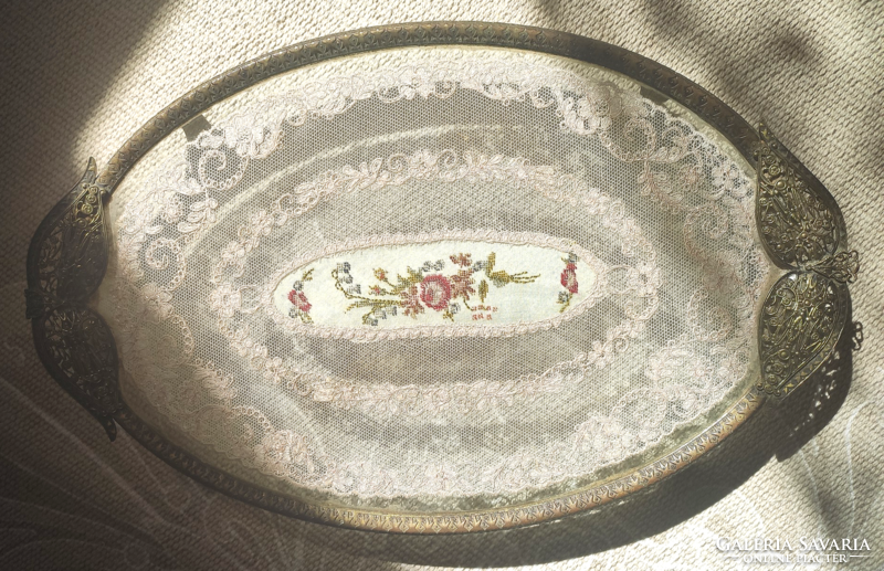 Beautiful copper tray with tapestry and lace insert under glass plate