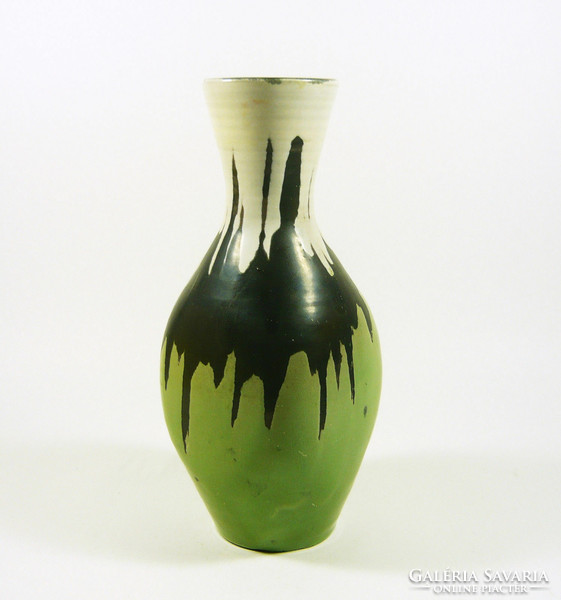 Gorka lívia, retro 1950 white, black & green 21.5 Cm artistic ceramic vase, flawless! (G115)