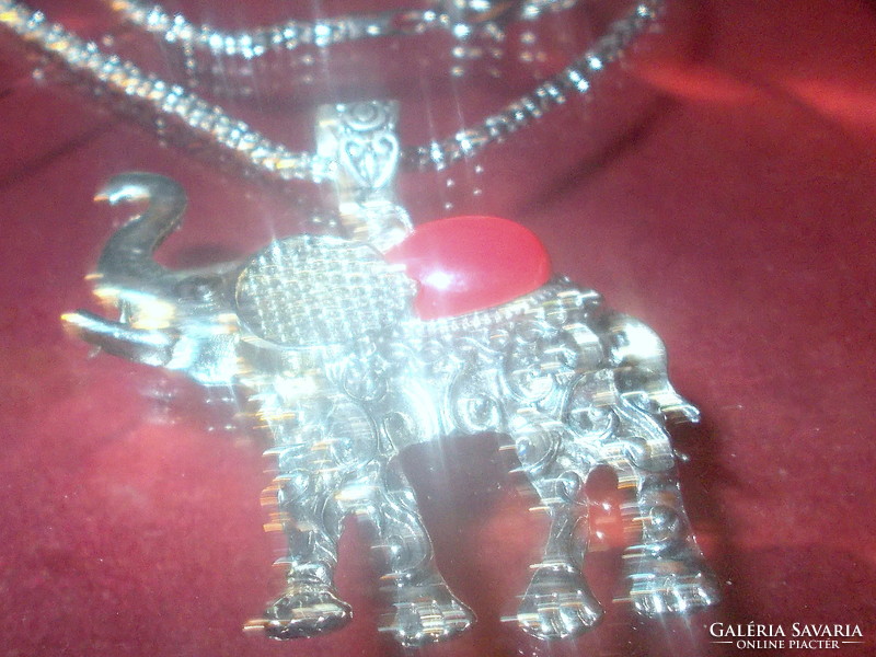 Coral mineral stone ornate elephant Tibetan silver necklace