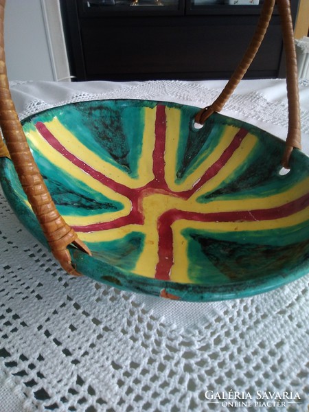Retro wicker handle colored ceramic serving bowl with colonial signature!
