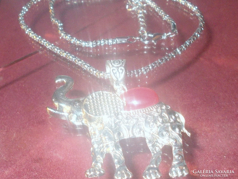 Coral mineral stone ornate elephant Tibetan silver necklace
