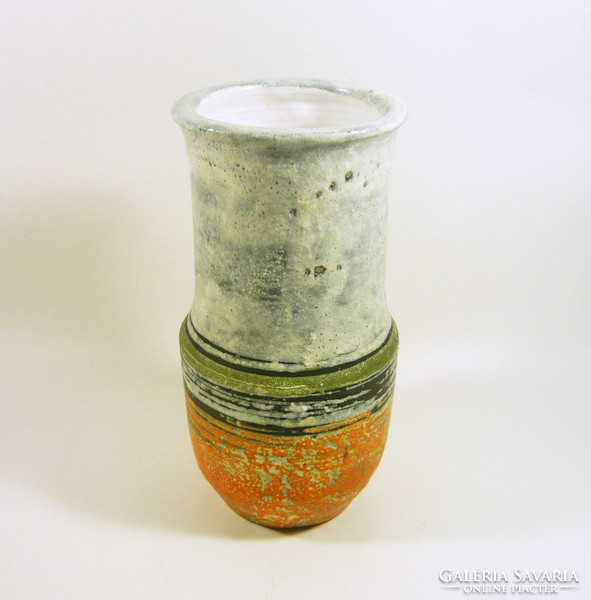 Gorka lívia, retro 1960 white, orange & green 23.2 Cm artistic ceramic vase, flawless! (G086)