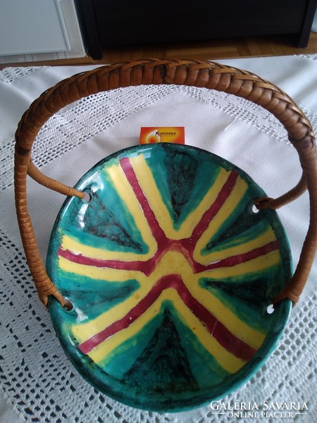 Retro wicker handle colored ceramic serving bowl with colonial signature!
