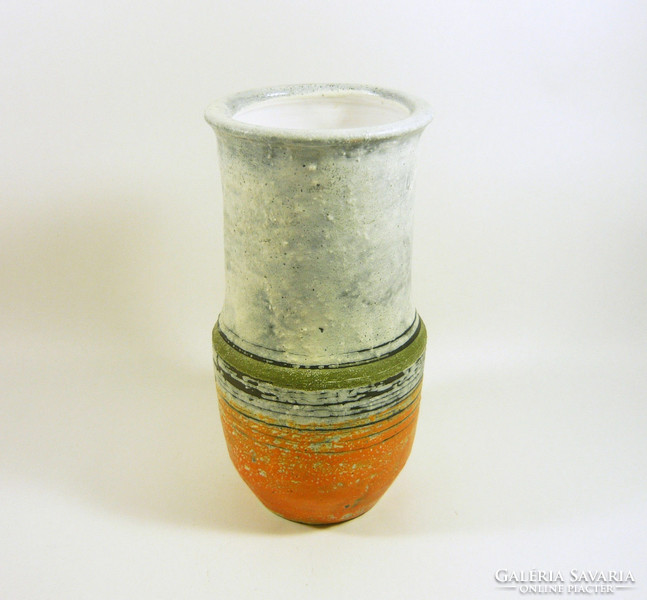 Gorka lívia, retro 1960 white, orange & green 23.2 Cm artistic ceramic vase, flawless! (G086)