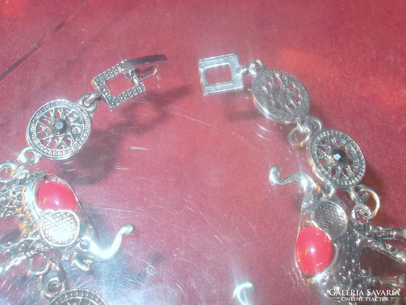 Coral mineral stone ornate elephant with Tibetan silver bracelet - safety clasp