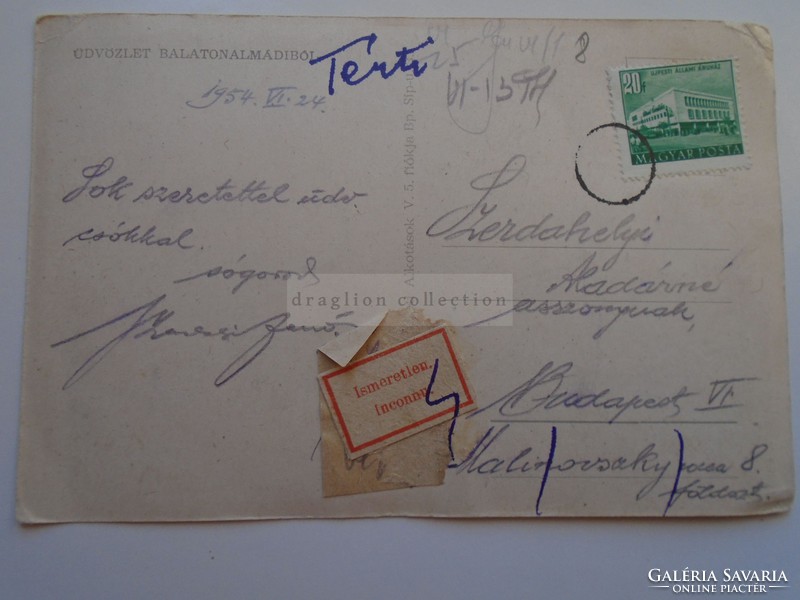 G21.406    Régi képeslap  BALATONALMÁDI  térti - ismeretlen címke - 1954