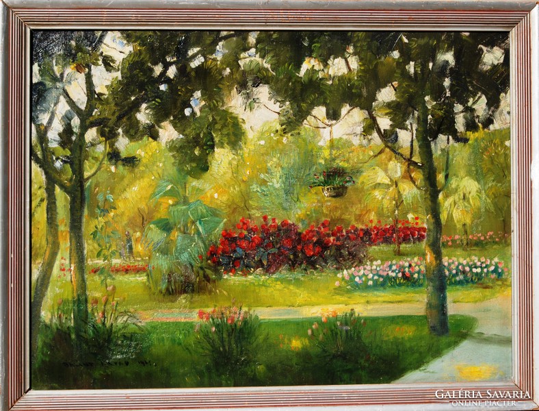 Bálint Árpád (1870-?): Virágos parkban, 1921 - olaj-vászon festmény, keretezve