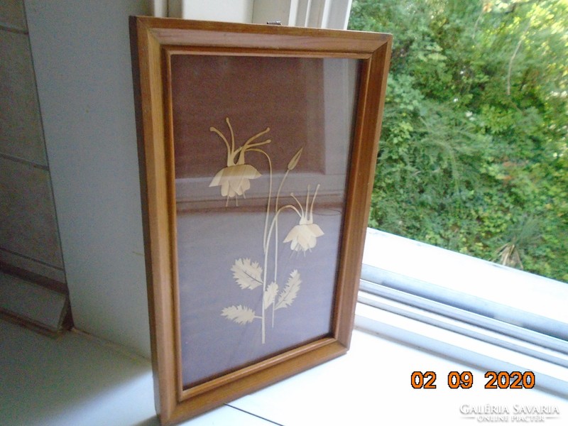 Retró kézzel készült furnir virág kollázs  kép lakozott üvegezett fa keretben