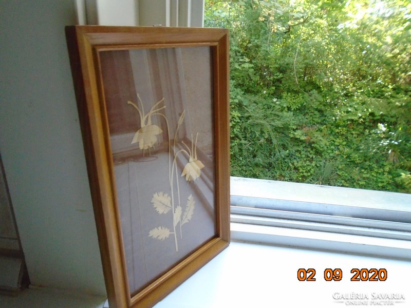 Retro handmade veneer flower collage picture in lacquered glazed wooden frame