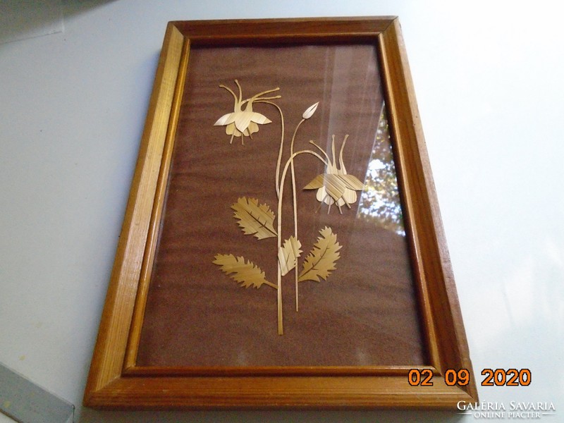 Retro handmade veneer flower collage picture in lacquered glazed wooden frame