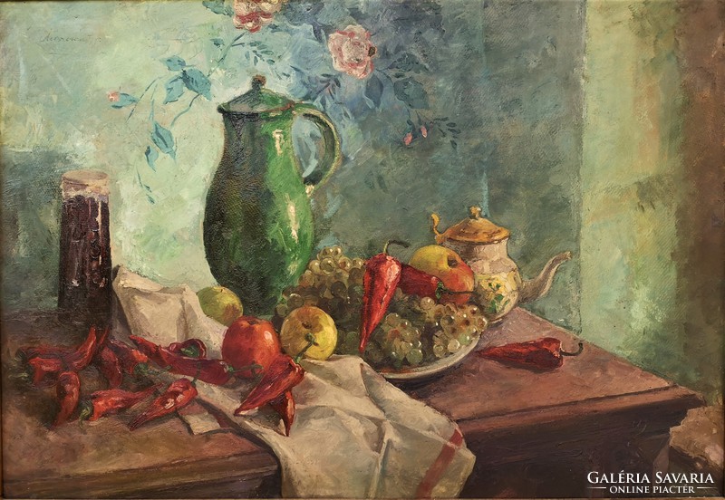 Gyula Marosán's (1915 - 2003) table still life c oil painting with original guarantee!