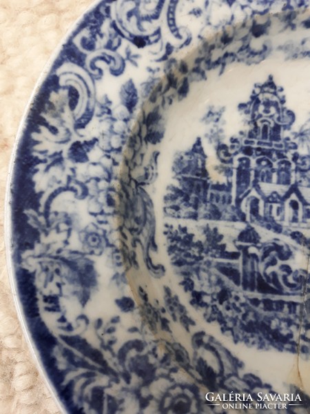 Antique, august nowotny (?), Chinese scene deep plate, cobalt blue, glued, marked.