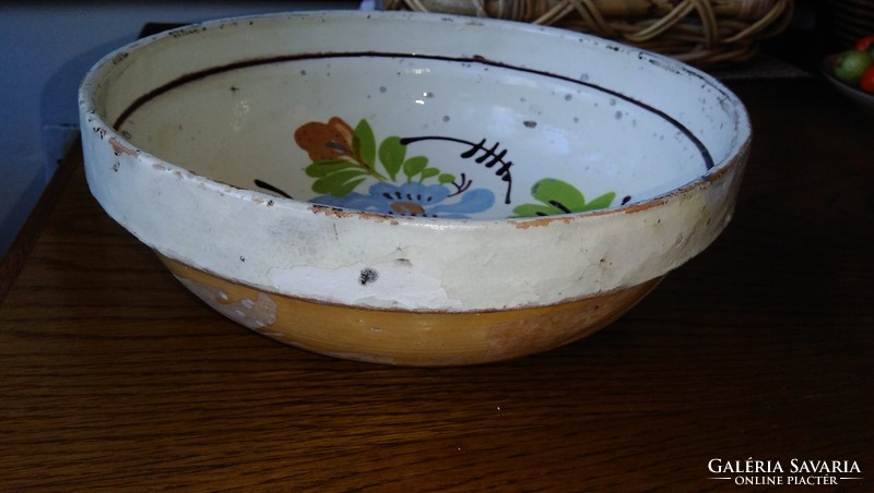 Antique glazed Transylvanian, Szekler tile folk bowl, plate and a coma bowl lid, folk ceramic