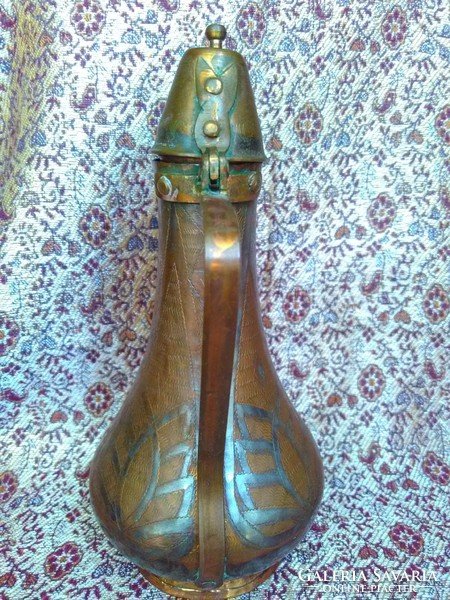 Priced down!! Antique covered copper pouring pot decorated with Persian floral ornamentation and tin plating