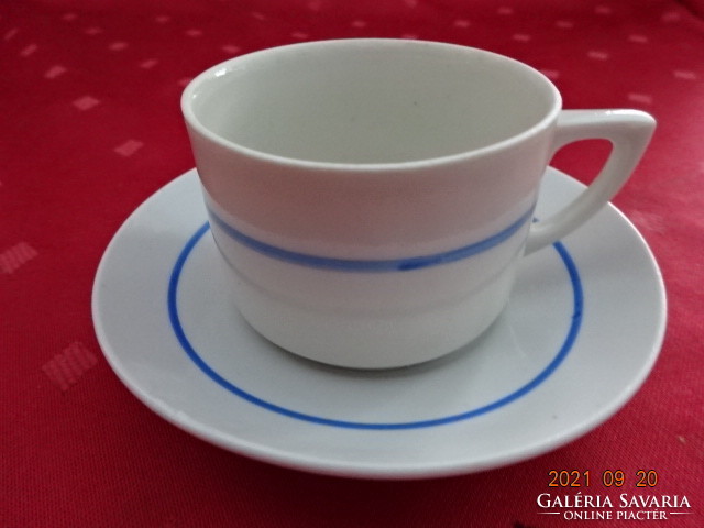 Zsolnay porcelain coffee cup + placemat, antique, shield stamped, blue striped. He has!