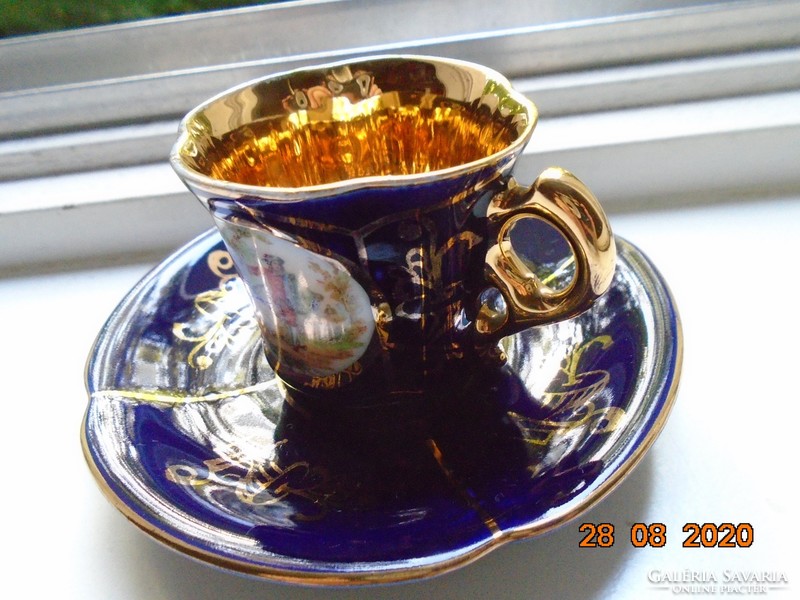 Kobalt opulensen aranyozott zsánerjelenetes karéjos kávés csésze alátéttel