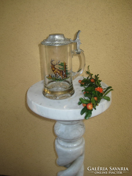 Bavarian hunter scene, made of beer krigli glass, with a decorative tin roof