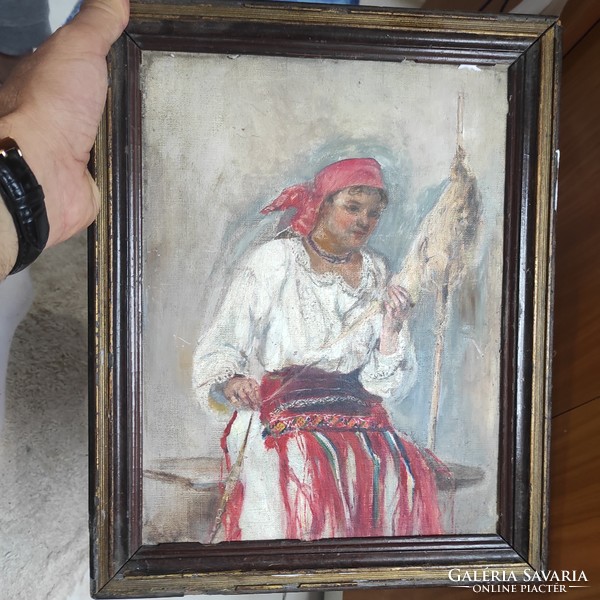 Special antique painting, good quality, young girl in folk dress! Spinning weaving in folk costume.