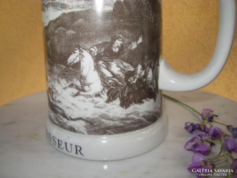 French beer mug, made of porcelain, with a hunting scene, labeled l accid dent du chabseur