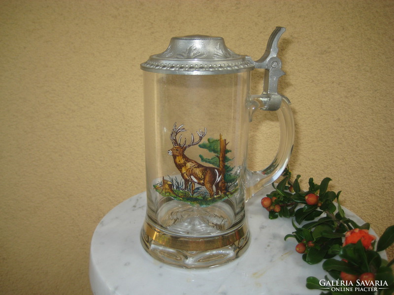 Bavarian hunter scene, made of beer krigli glass, with a decorative tin roof