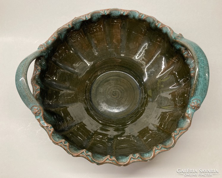 Ceramic glazed large bowl, with handle, handmade product