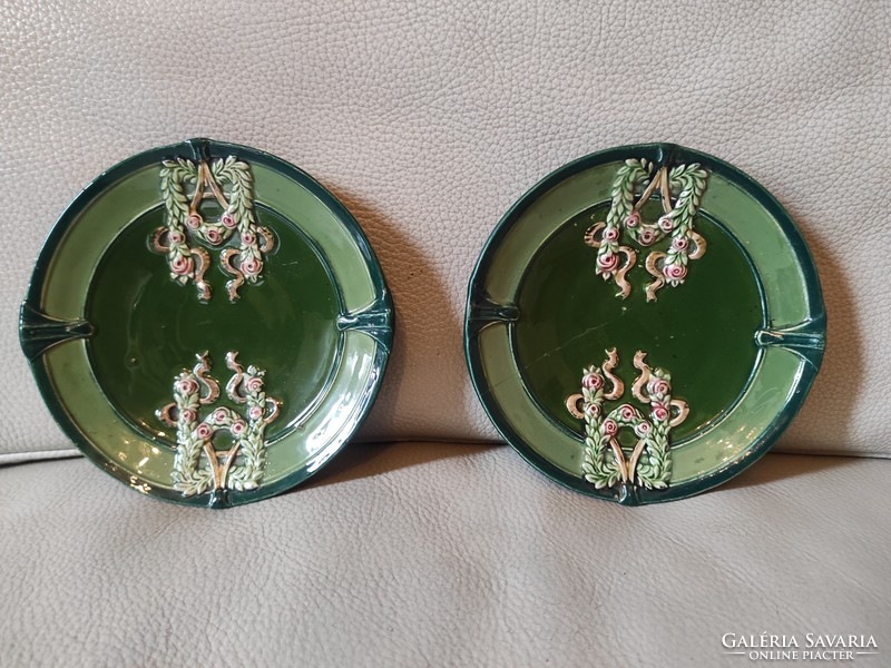 Antique Art Nouveau majolica plates in pairs.Eichwald with colorful flowers