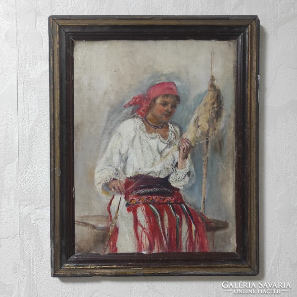 Special antique painting, good quality, young girl in folk dress! Spinning weaving in folk costume.
