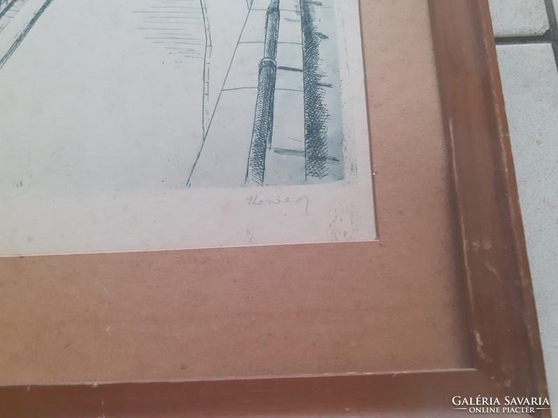 József Kovács: the Elizabeth Bridge under construction, original etching, signed