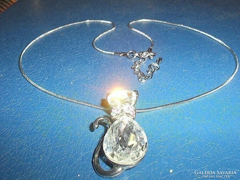 Cat kitten crystal tibetan silver vintage necklace