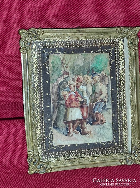 Miniature antique watercolor painting in beautiful copper frame
