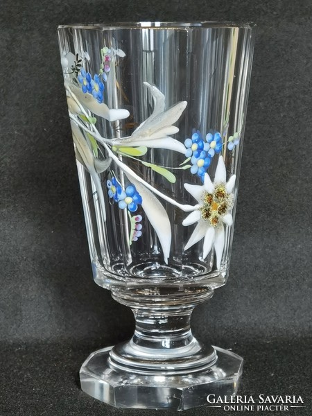 Antique Blown 8-Sheet Polished Biedermeier Hand Enamel Painted Thick Wall Blown Base Forget-me-not Glass
