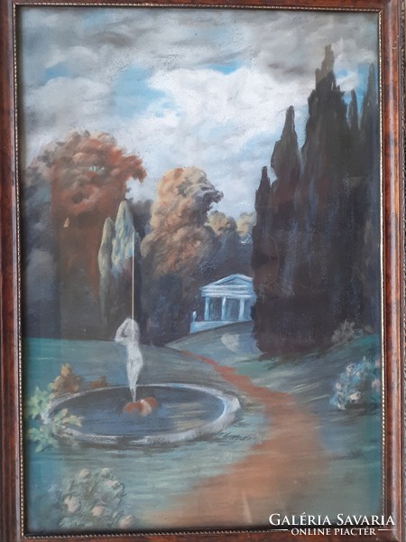 Autumn park with female figure fountain, old pastel, unknown