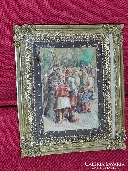 Miniatűr antik akvarell festmény gyönyörű réz keretében
