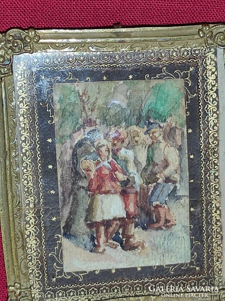 Miniatűr antik akvarell festmény gyönyörű réz keretében