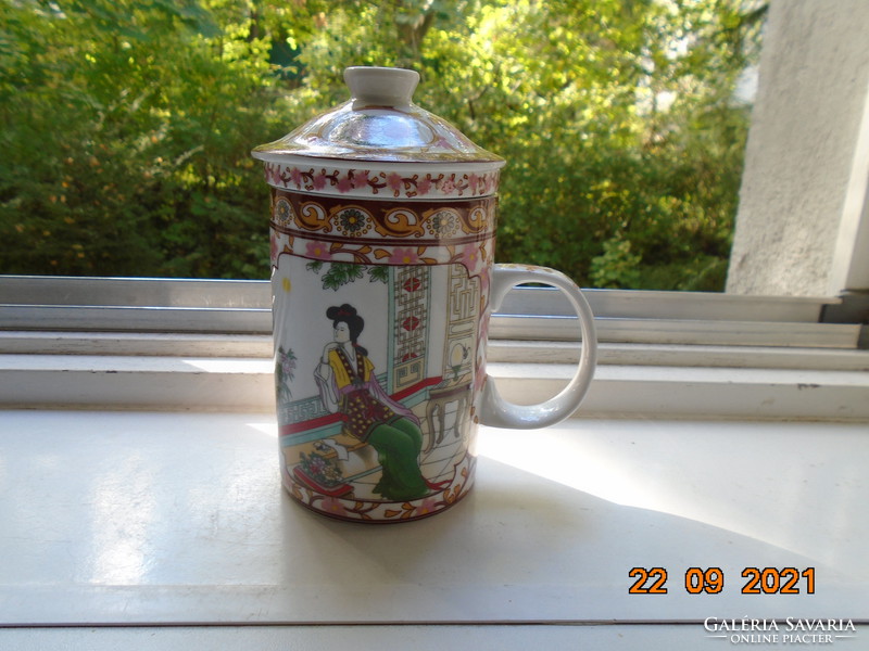 Portrait of young lady with cherry blossom strainer teacup