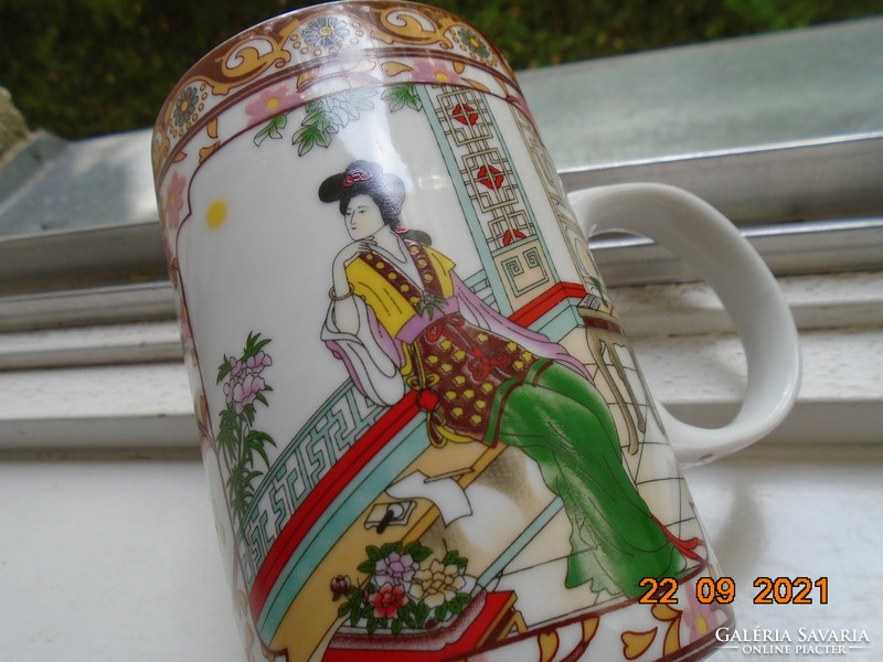 Portrait of young lady with cherry blossom strainer teacup