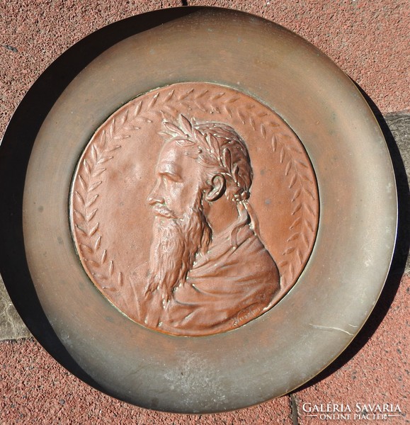 Antique bronze relief on a copper background - marked