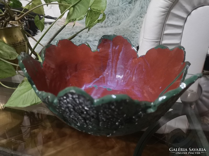 Kerámia tál, kelkáposzta leveles kínáló, kézimunka,  zöld mázas konyhai edény 28 cm